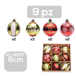 SET 9 PALLINE NATALIZIE DECORAZIONI 6 CM ADDOBBI PER ALBERO DI NATALE XC-8267