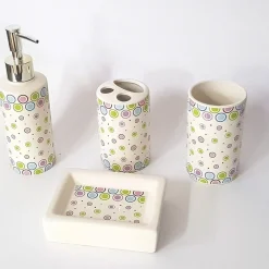 SET 4 PEZZI BAGNO CERCHI COLORATI ESY_52100 CERAMICA DISPENSER SAPONE SPAZZOLINI