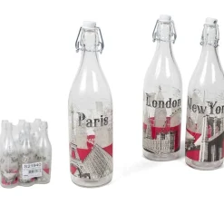 SET 6 PEZZI BOTTIGLIE VETRO DECORATA CITIES CITTÀ DEL MONDO CAPACITÀ 1LT