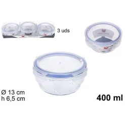 SET 3 PEZZI CONTENITORI PER ALIMENTI IN VETRO CON COPERCHI PLASTICA 400ML 110548