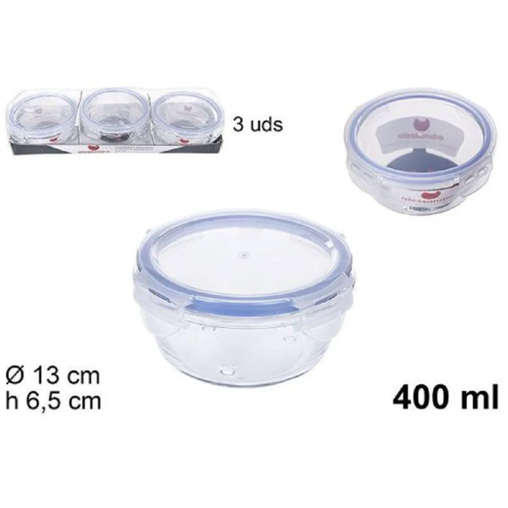 SET 3 PEZZI CONTENITORI PER ALIMENTI IN VETRO CON COPERCHI PLASTICA 400ML 110548