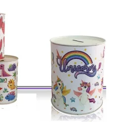 SET 2 PEZZI SALVADANAIO LATTA MINI MONETE BANCONOTE APERTURA DISEGNI MISTI 11 CM
