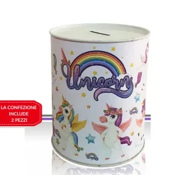 SET 2 PEZZI SALVADANAIO LATTA MINI MONETE BANCONOTE APERTURA DISEGNI MISTI 13 CM