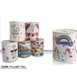 SET 2 PEZZI SALVADANAIO LATTA MINI MONETE BANCONOTE APERTURA DISEGNI MISTI 13 CM