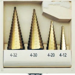 SET 4 PUNTE FRESE CONICHE SCALINO GRADINI ALLARGAFORI 4-32 4-30 4-20 4-12