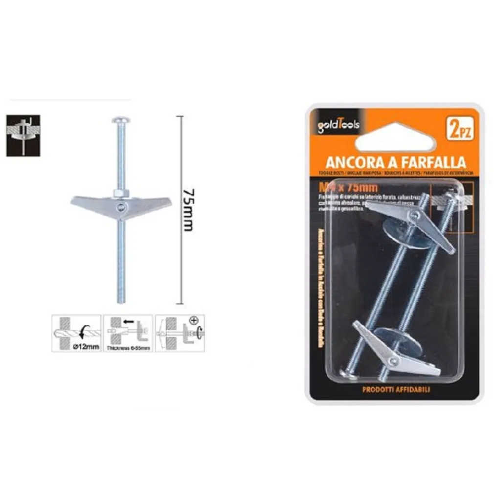 SET 2 PZ ANCORA A FARFALLA IN ACCIAIO CON DADO E RONDELLA TASSELLO M4X75MM 57225