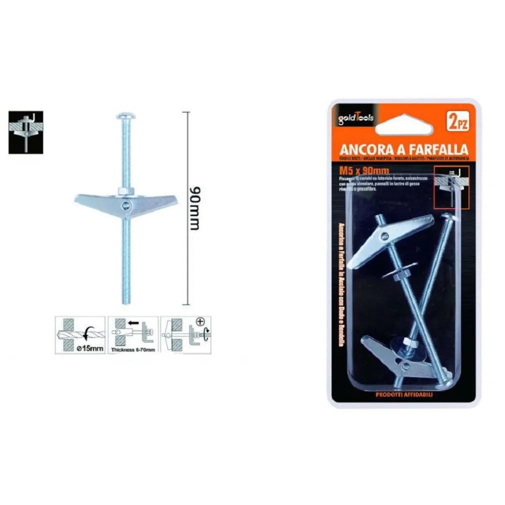 SET 2 PZ ANCORA A FARFALLA IN ACCIAIO CON DADO E RONDELLA TASSELLO M5X90MM 57227