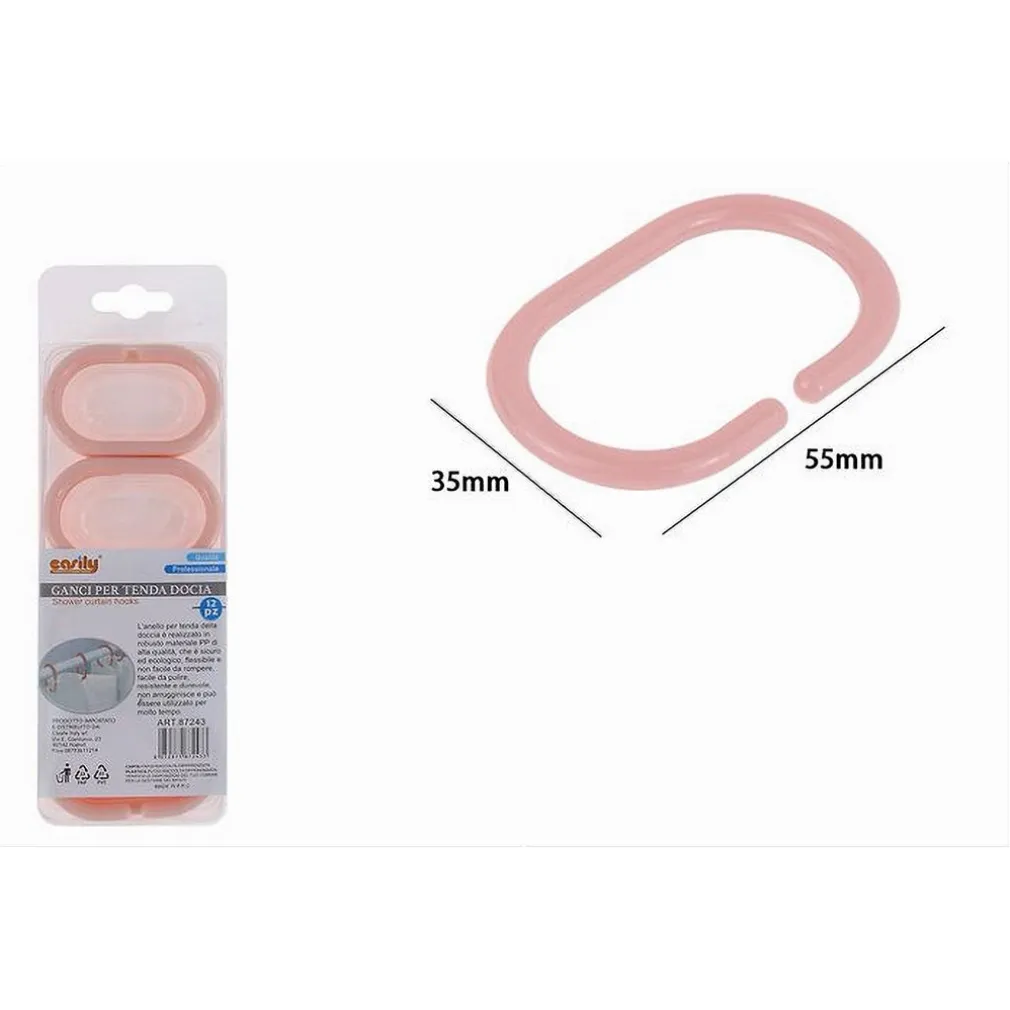 SET 12 PZ ANELLI GANCIO PER TENDA DA DOCCIA BOX BAGNO IN PLASTICA PP ROSA 87243
