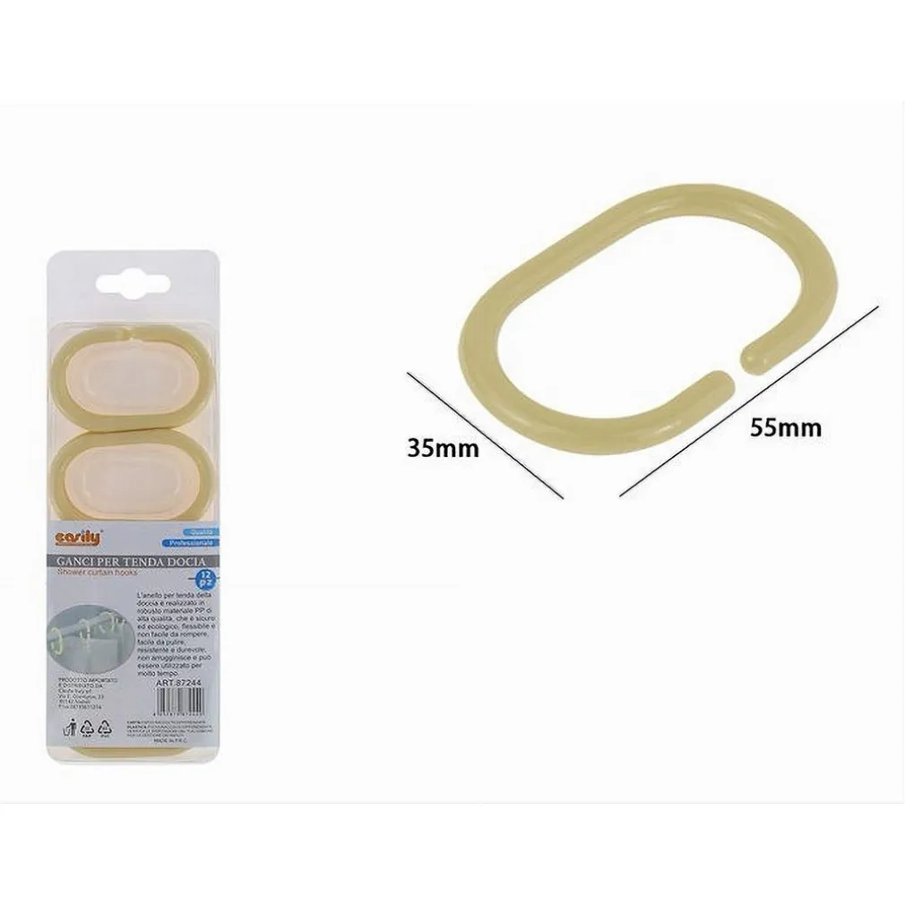 SET 12 PZ ANELLI GANCIO PER TENDA DA DOCCIA BOX BAGNO IN PLASTICA PP BEIGE 87244