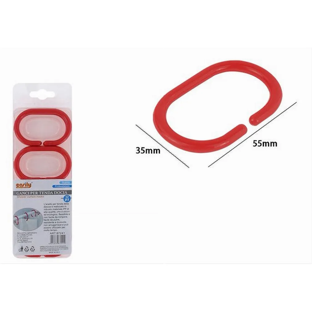 SET 12 PZ ANELLI GANCIO PER TENDA DA DOCCIA BOX BAGNO IN PLASTICA PP ROSSO 87241