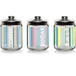 SET 3 PZ BARATTOLI CONTENITORI DA CUCINA IN VETRO TEXTILENE SALE CAFFÈ ZUCCHERO