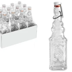 SET 12 PZ BOTTIGLIE IN VETRO QUADRATA DECORATA CON TAPPO MECCANICO 150 ML 108008