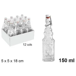 SET 12 PZ BOTTIGLIE IN VETRO QUADRATA DECORATA CON TAPPO MECCANICO 150 ML 108008
