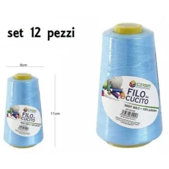 SET 12 PZ FILATI A CONO FILO POLIESTERE CUCITO 3000Y 40S/2 AZZURRO COTONE