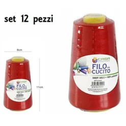 SET 12 PZ FILATI A CONO FILO POLIESTERE CUCITO 3000Y 40S/2 ROSSO GOMITOLO COTONE