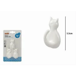 SET 3 PZ GANCI A FORMA DI GATTO BIANCHI ADESIVI PER CUCINA BAGNO DA PARETE 79346