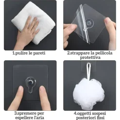 SET 6 PZ GANCI AUTOADESIVI PER QUADRI TRASPARENTI APPENDI SENZA CHIODI OROLOGIO