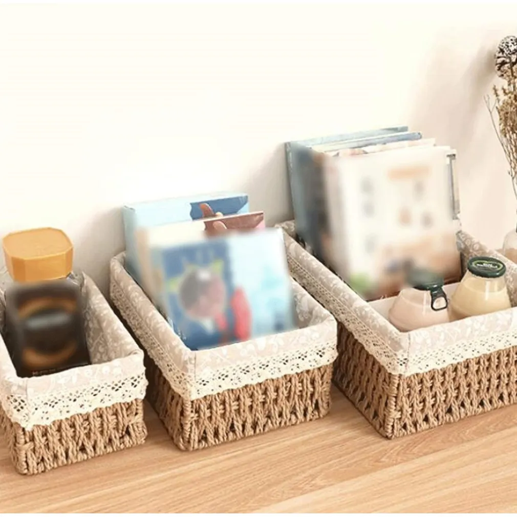 SET 3 PZ PORTA OGGETTI ORGANIZER CESTINO INTRECCIATO CON FODERA IN TESSUTO 79158