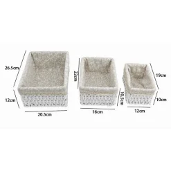 SET 3 PZ PORTA OGGETTI ORGANIZER CESTINO BIANCO INTRECCIATO FODERA TESSUTO 79156