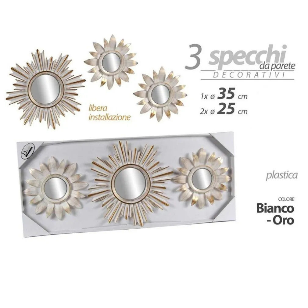 SET 3 PZ SPECCHI PARETE BIANCO ORO 25/35 CM PLASTICA LIBERA INSTALLAZIONE 823909