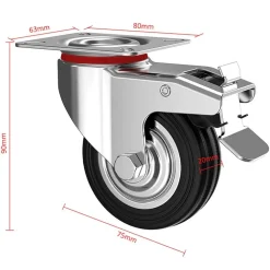SET 4 RUOTE PIROETTANTI PER CARICHI PESANTI GIREVOLE 360° CON FRENO 80X63X H90MM