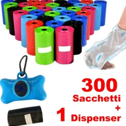SET 300 SACCHETTI IGIENICI PER BISOGNI ESCREMENTI CANI RACCOLTA FECI + DISPENSER