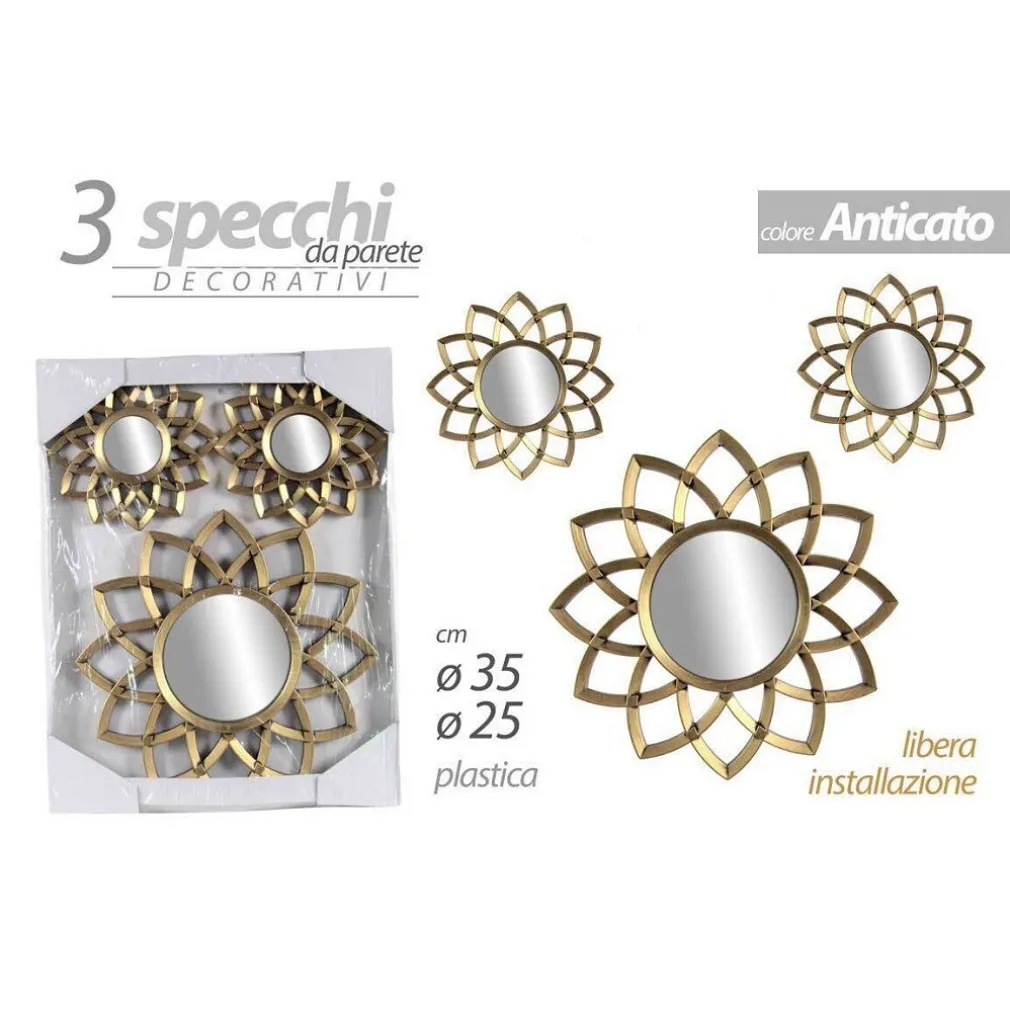 SET 3 SPECCHI PARETE DECORATIVI ORO ANTICATO LIBERA INSTALLAZIONE 25-35CM 836916