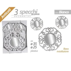 SET 3 SPECCHI PARETE DECORATIVI ANTICATI BIANCO SPECCHIO PLASTICA 25-35CM 836886