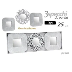 SET 3 SPECCHI PARETE DECORATIVI QUADRI LIBERA INSTALLAZIONE 25CM PLASTICA 813030