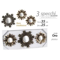 SET 3 SPECCHI PARETE DECORATIVI ORO 25/35CM PLASTICA LIBERA INSTALLAZIONE 823893