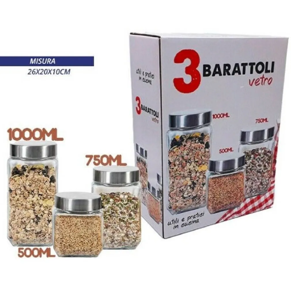SET 3 TRIS BARATTOLI VETRO CON COPERCHIO METALLO CONTENITORI PASTA BISCOTTI