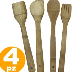 SET 4 UTENSILI DA CUCINA IN BAMBOO LEGNO MESTOLO FORCHETTONE FORCHETTA SPATOLA