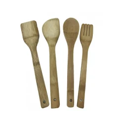 SET 4 UTENSILI DA CUCINA IN BAMBOO LEGNO MESTOLO FORCHETTONE FORCHETTA SPATOLA
