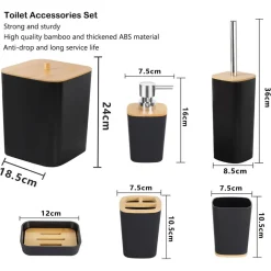 SET ACCESSORI BAGNO IN BAMBÙ 6PZ MODERNO NERI BIDONE SPAZZATURA PORTASAPONE DISPENSER