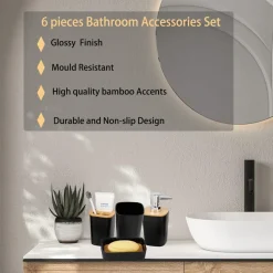 SET ACCESSORI BAGNO IN BAMBÙ 6PZ MODERNO NERI BIDONE SPAZZATURA PORTASAPONE DISPENSER