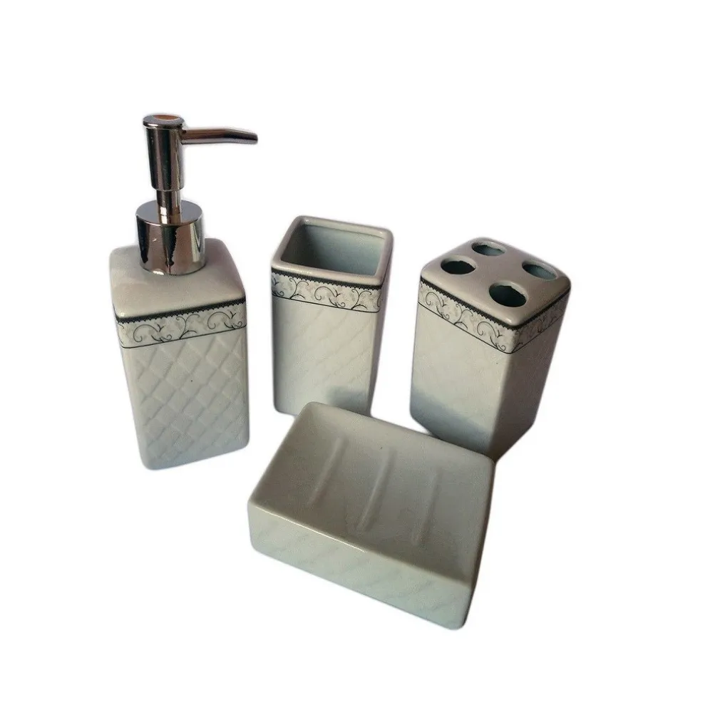 SET ACCESSORI BAGNO MODERNO IN CERAMICA DA APPOGGIO DESIGN CLASSICO CON DECORO