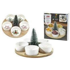 SET ANTIPASTIERA 5 POSTI PER ANTIPASTI DI NATALE CON BASE IN BAMBOO COPPETTE IN CERAMICA