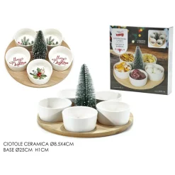 SET ANTIPASTIERA 5 POSTI PER ANTIPASTI DI NATALE CON BASE IN BAMBOO COPPETTE IN CERAMICA