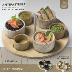 SET ANTIPASTIERA CON 6 CIOTOLINE SU VASSOIO BASE IN BAMBOO ⌀29CM PER ANTIPASTI SNACK