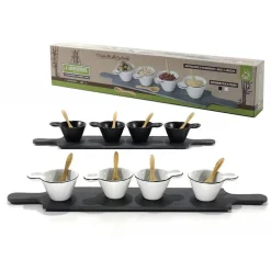 SET ANTIPASTIERE CON 4 PIATTINI E CUCCHIAINI IN BAMBOO E 1 VASSOIO IN ARDESIA