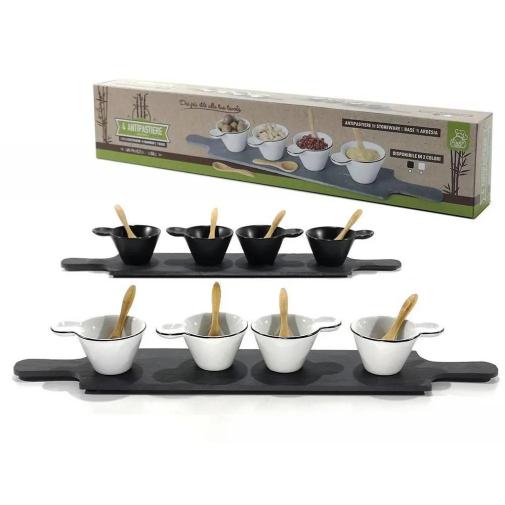 SET ANTIPASTIERE CON 4 PIATTINI E CUCCHIAINI IN BAMBOO E 1 VASSOIO IN ARDESIA