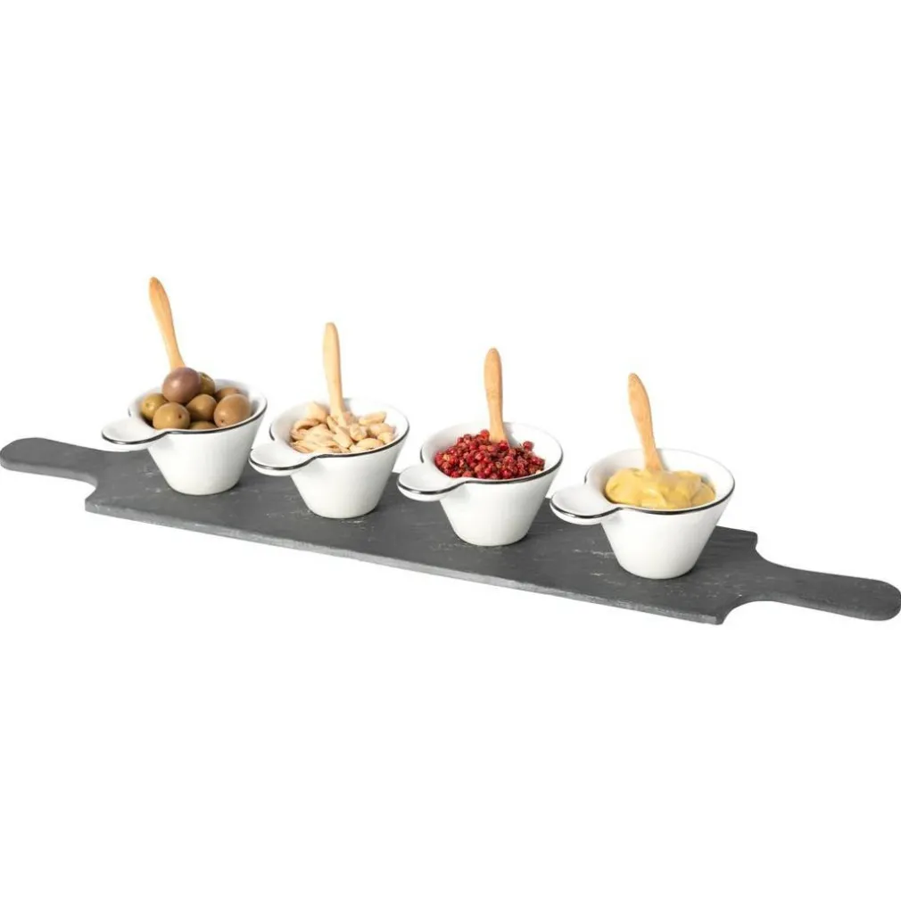 SET ANTIPASTIERE CON 4 PIATTINI E CUCCHIAINI IN BAMBOO E 1 VASSOIO IN ARDESIA