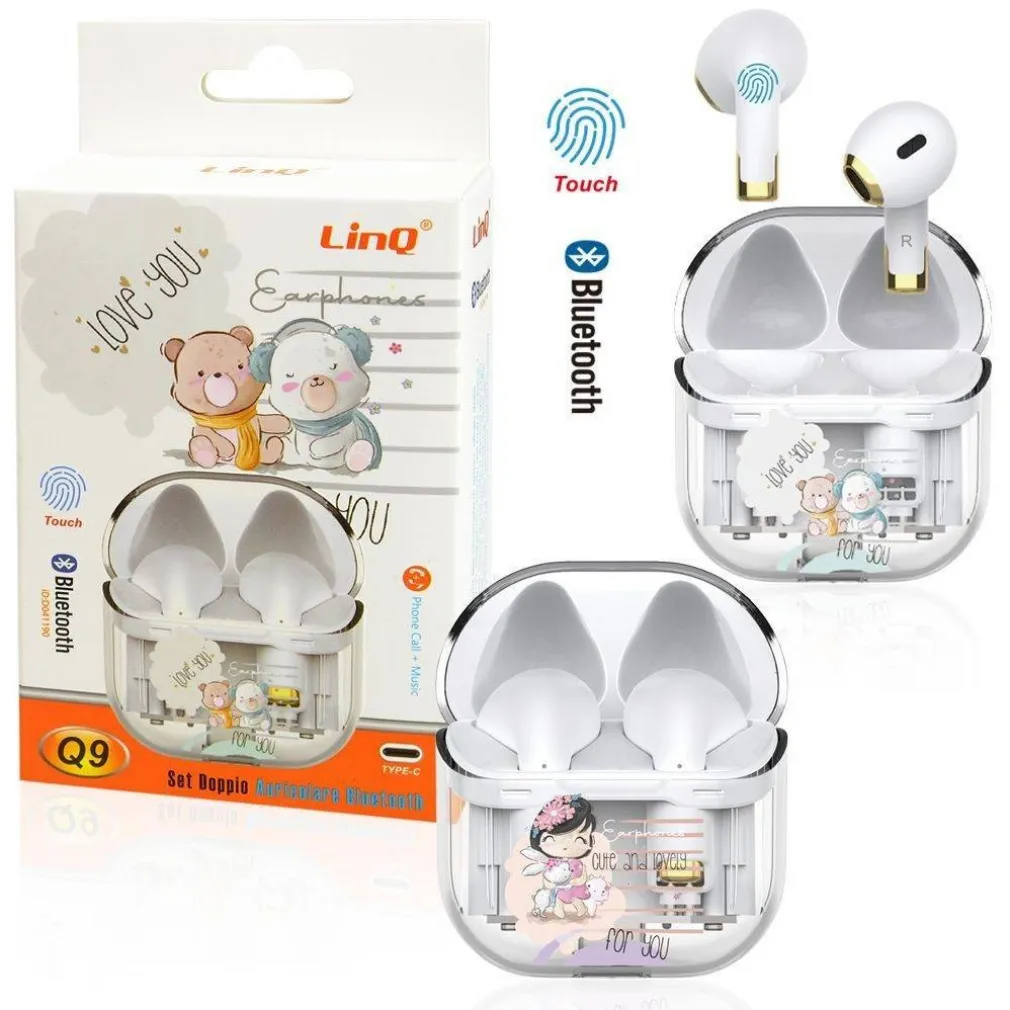 SET AURICOLARI BLUETOOTH WIRELESS CONTROLLO TOUCH BASE RICARICA MUSICA CHIAMATE Q9