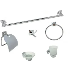 SET BAGNO 6 ACCESSORI ACCIAIO VETRO PORTASAPONETTA ROTOLO SPAZZOLINI ASCIUGAMANO