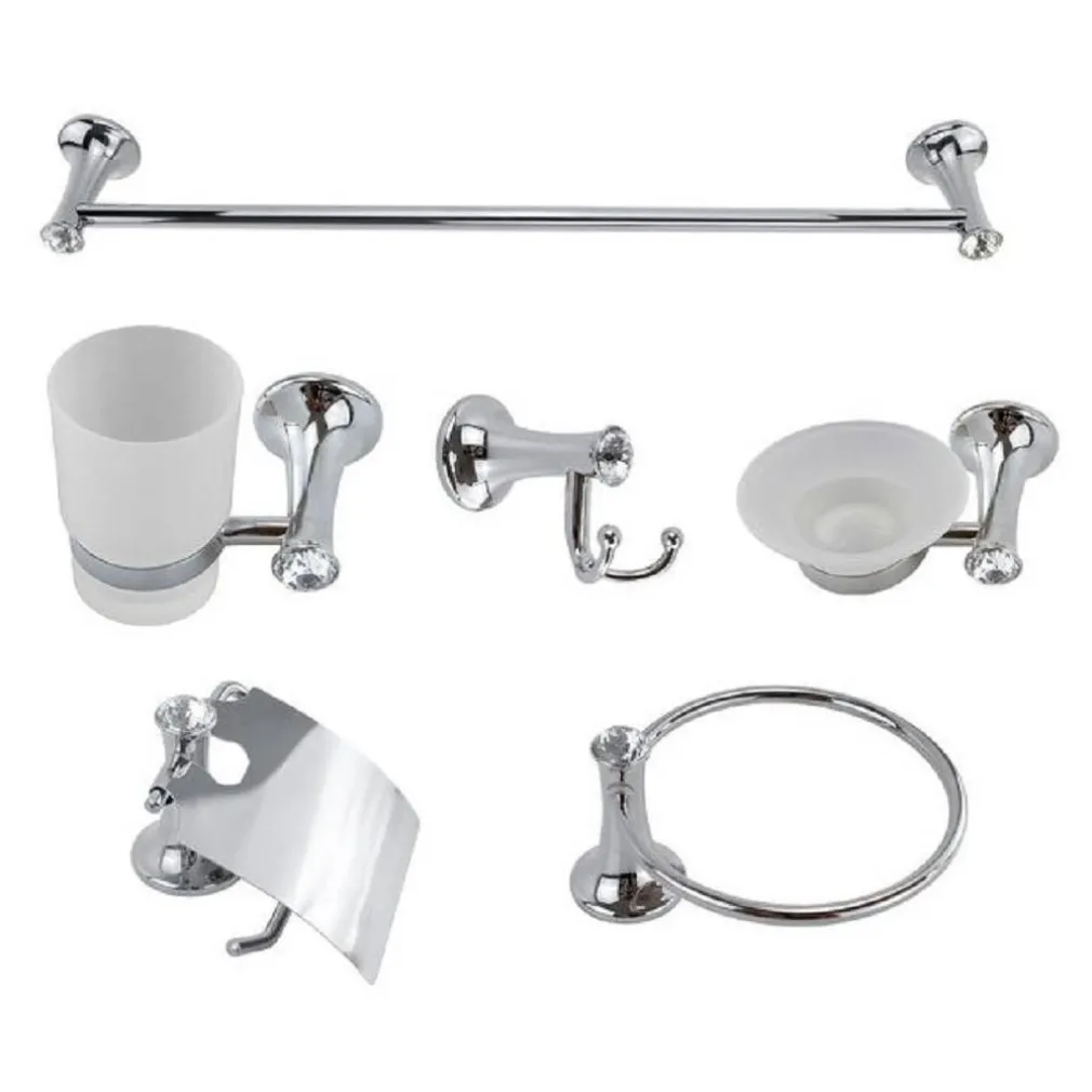 SET BAGNO 6 PZ ACCIAIO E VETRO PUNTI LUCE CRISTALLI PORTA ROTOLO SAPONETTA 52437