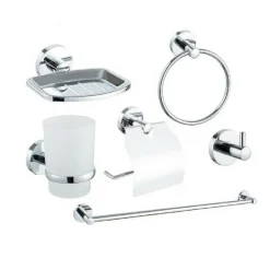 SET BAGNO 6ACCESSORI CROMATO PORTA ASCIUGAMANO ROTOLO BICCHIERE SPAZZOLINO 59682
