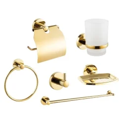 SET BAGNO 6ACCESSORI DORATO PORTA ASCIUGAMANO ROTOLO BICCHIERE SPAZZOLINO 59681A