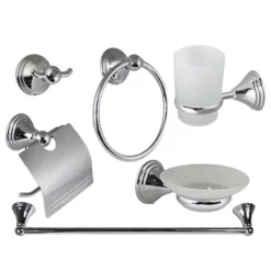 SET BAGNO ACCIAIO CROMATO E VETRO SATINATO 6 PEZZI ARREDO MODERNO BIANCO 52919
