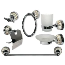 SET BAGNO 6PZ ACCIAIO VETRO CERAMICA DECORAZIONI ORO PORTAROTOLO SAPONETTA 52436
