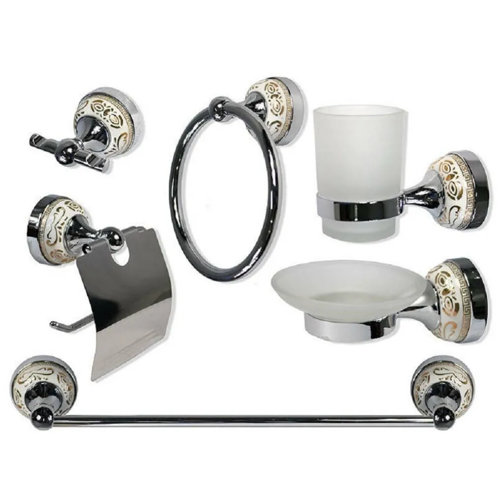SET BAGNO 6PZ ACCIAIO VETRO CERAMICA DECORAZIONI ORO PORTAROTOLO SAPONETTA 52436